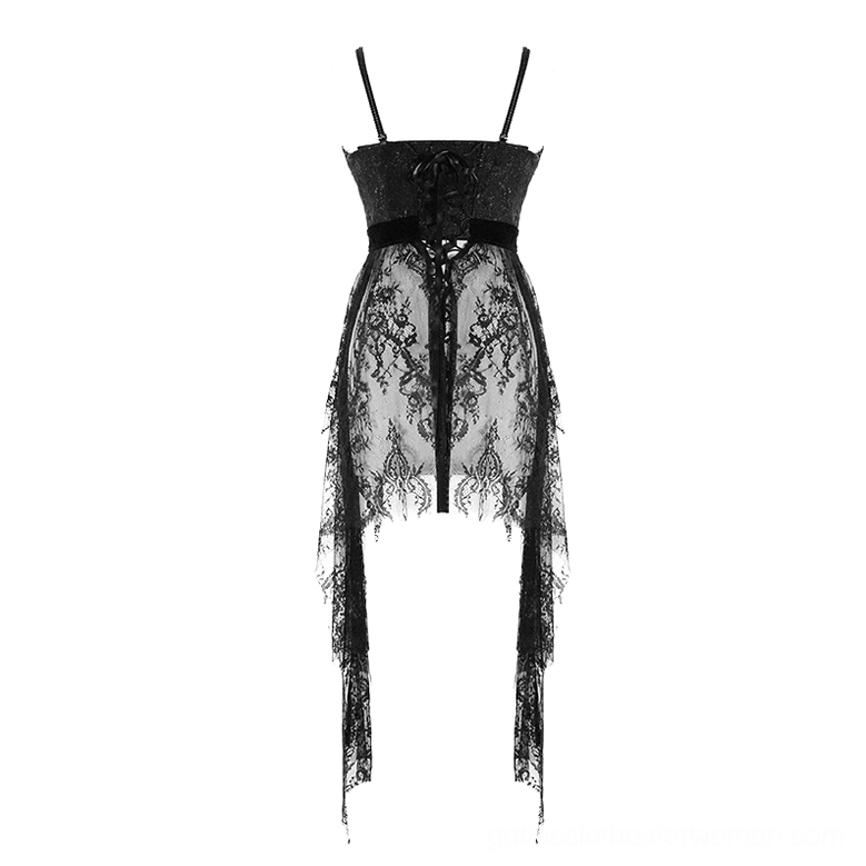Black gothic lace dress back flat lay view displaying back lace-up closure system and sheer mesh lace skirt construction