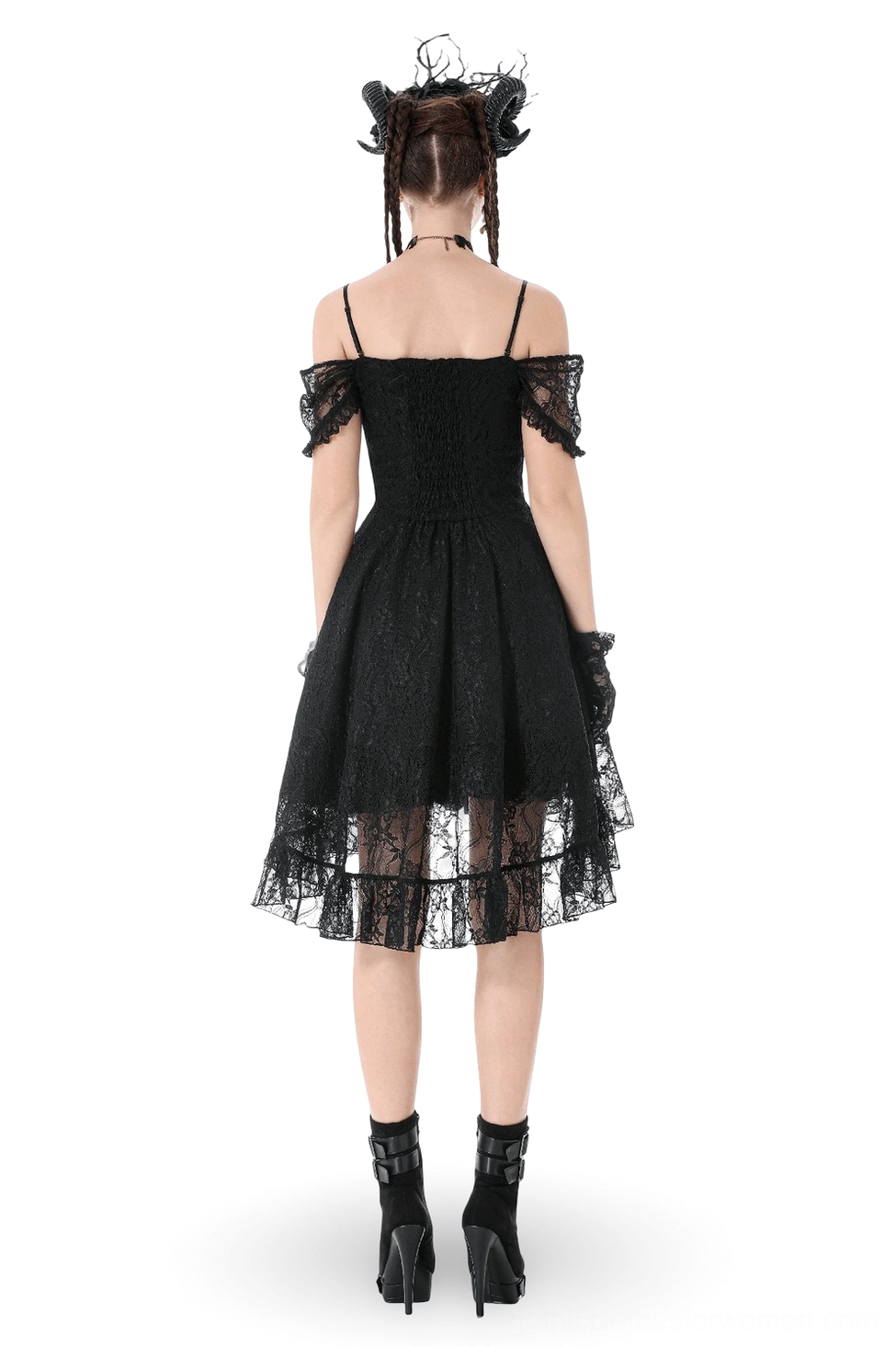 Black off-shoulder gothic lace party dress with layered tulle, back view showing asymmetrical floor-length sheer lace underlayer