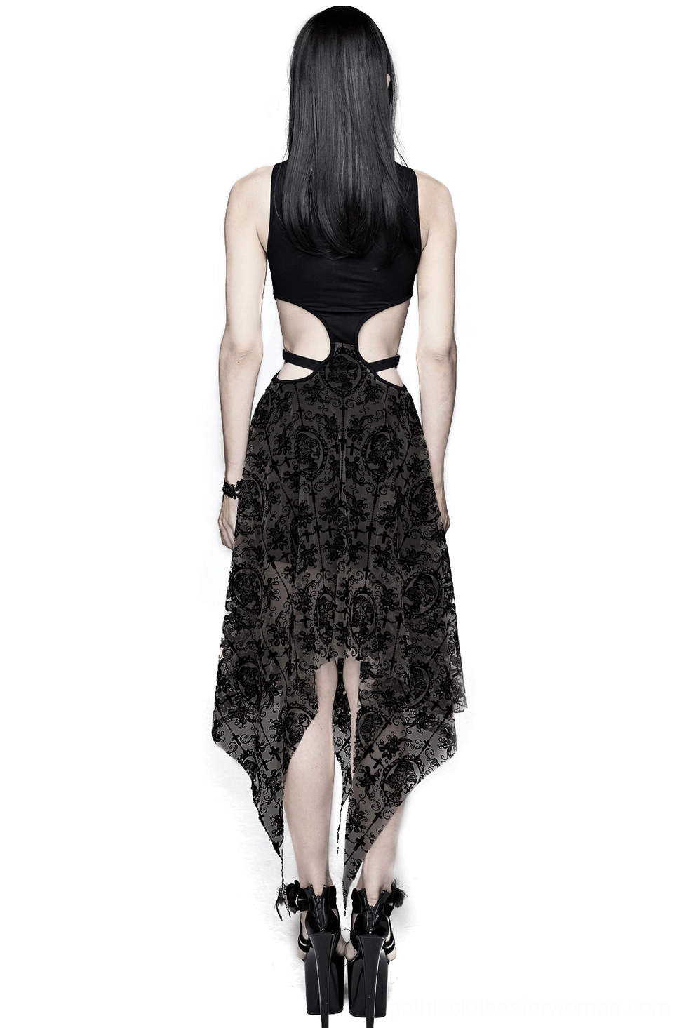 Gothic black lace dress back view showing cutout design and asymmetric handkerchief hem on model