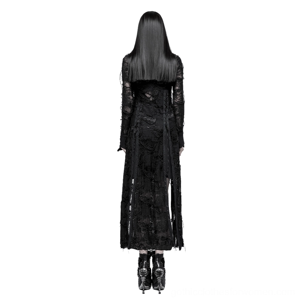 Black gothic sheer lace dress back view displaying fitted silhouette and trailing frayed lace hem detail