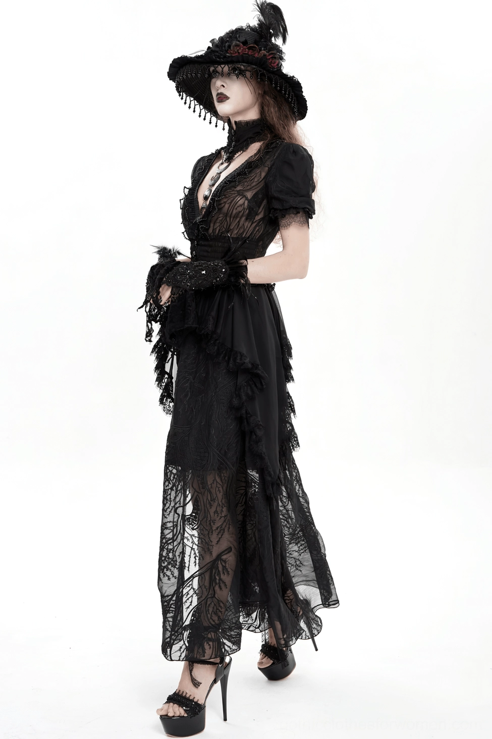 Black gothic lace mesh dress close-up of beading detail and branch lace pattern on bodice and sleeve