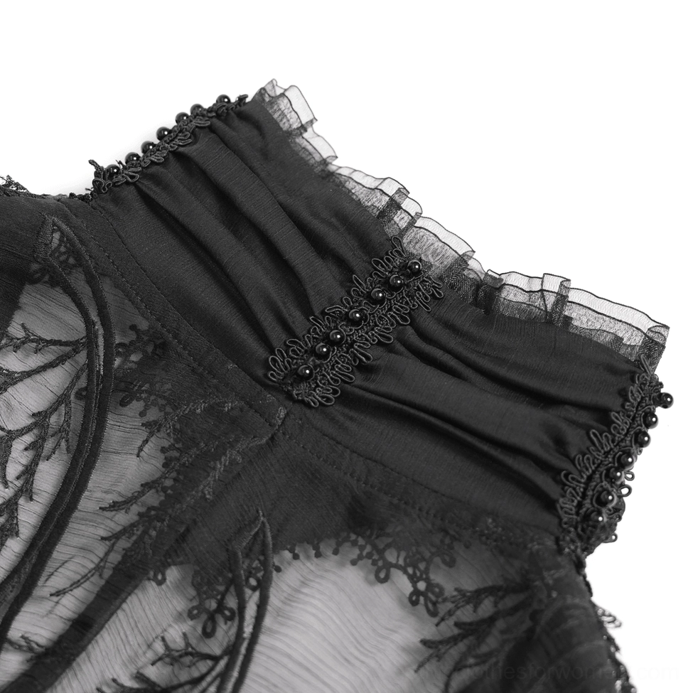Black gothic lace maxi dress displaying high choker neckline, structured shoulders, and fitted bodice silhouette