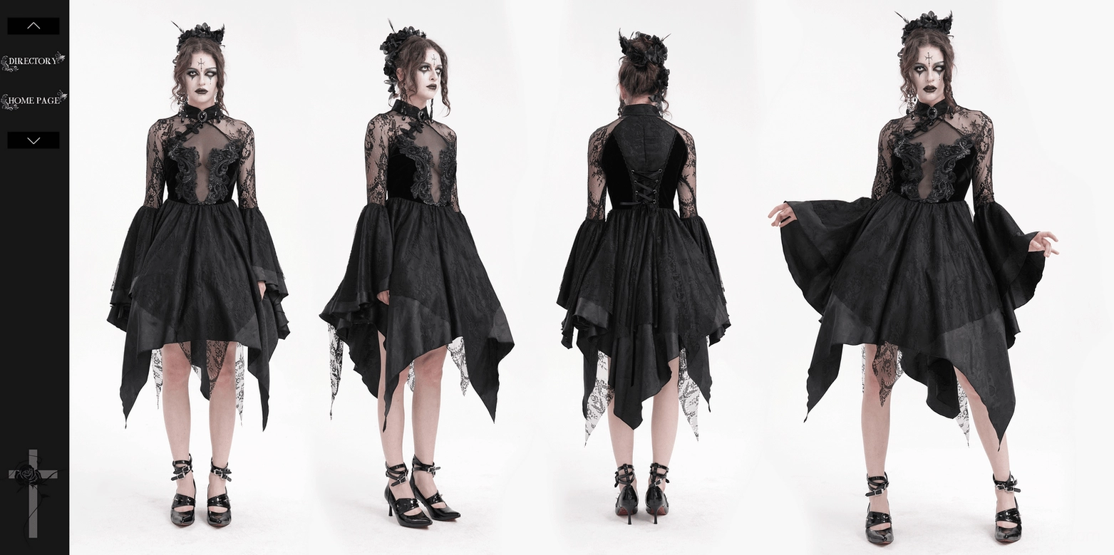 Black gothic lace dress complete outfit view with bell sleeves fully extended and high-low hemline visible