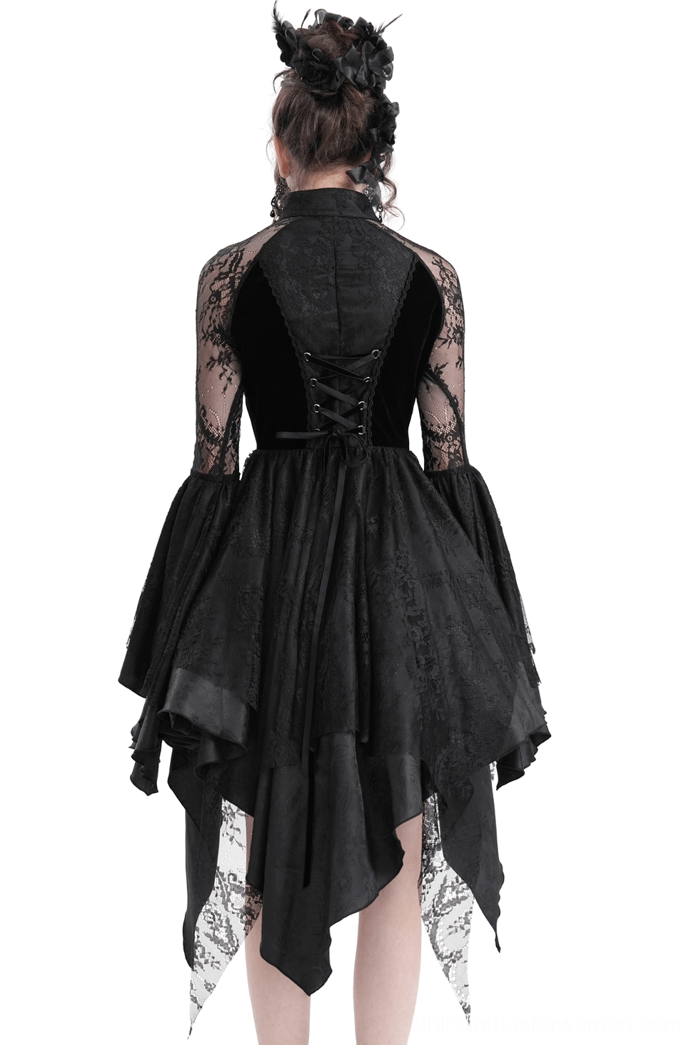 Back view of black gothic lace dress showing sheer lace sleeves, lace-up corset back detail, and asymmetrical handkerchief hem