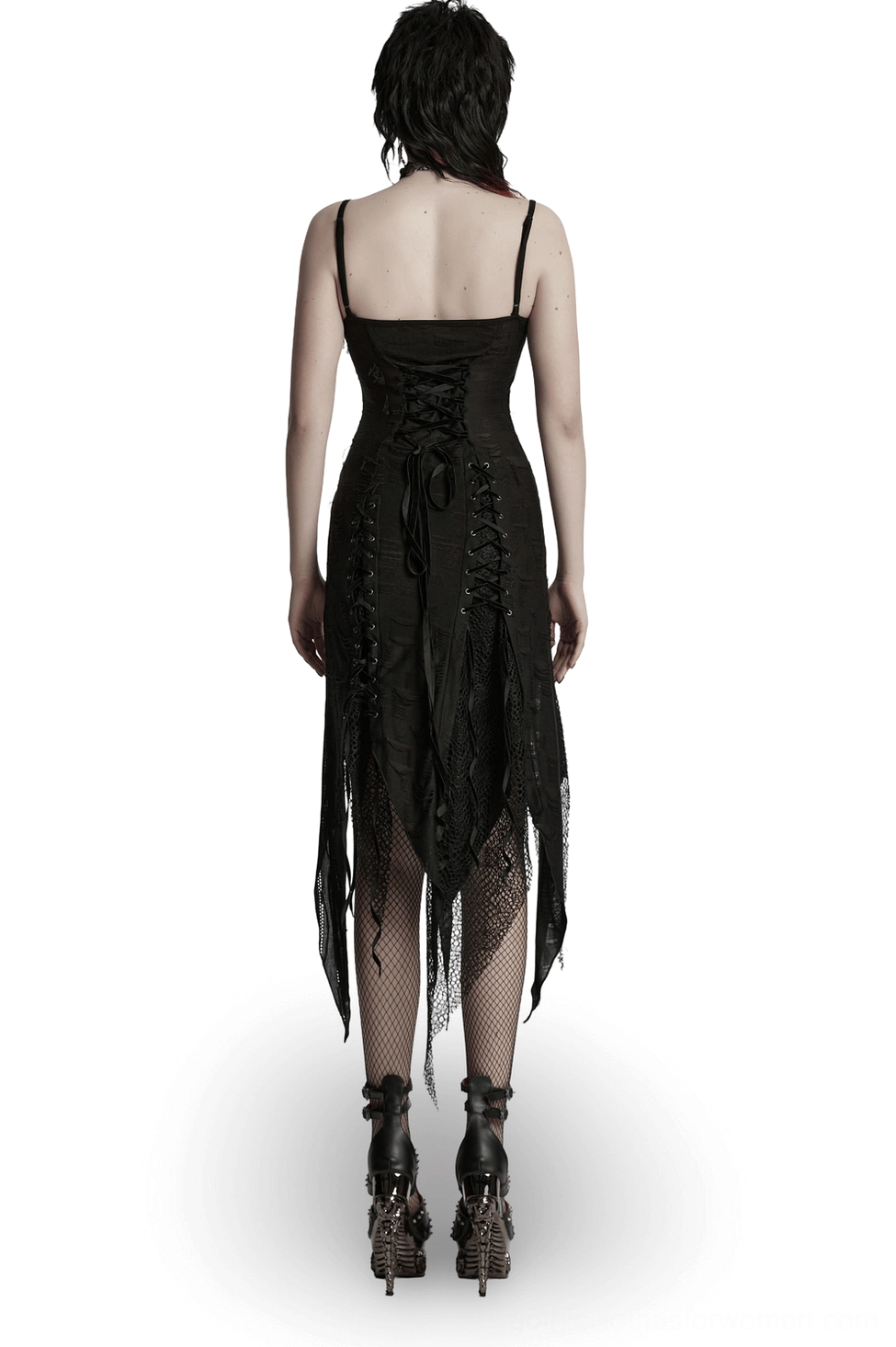 Black gothic lace slip dress back view showing corset lace-up detail and tattered asymmetric hem