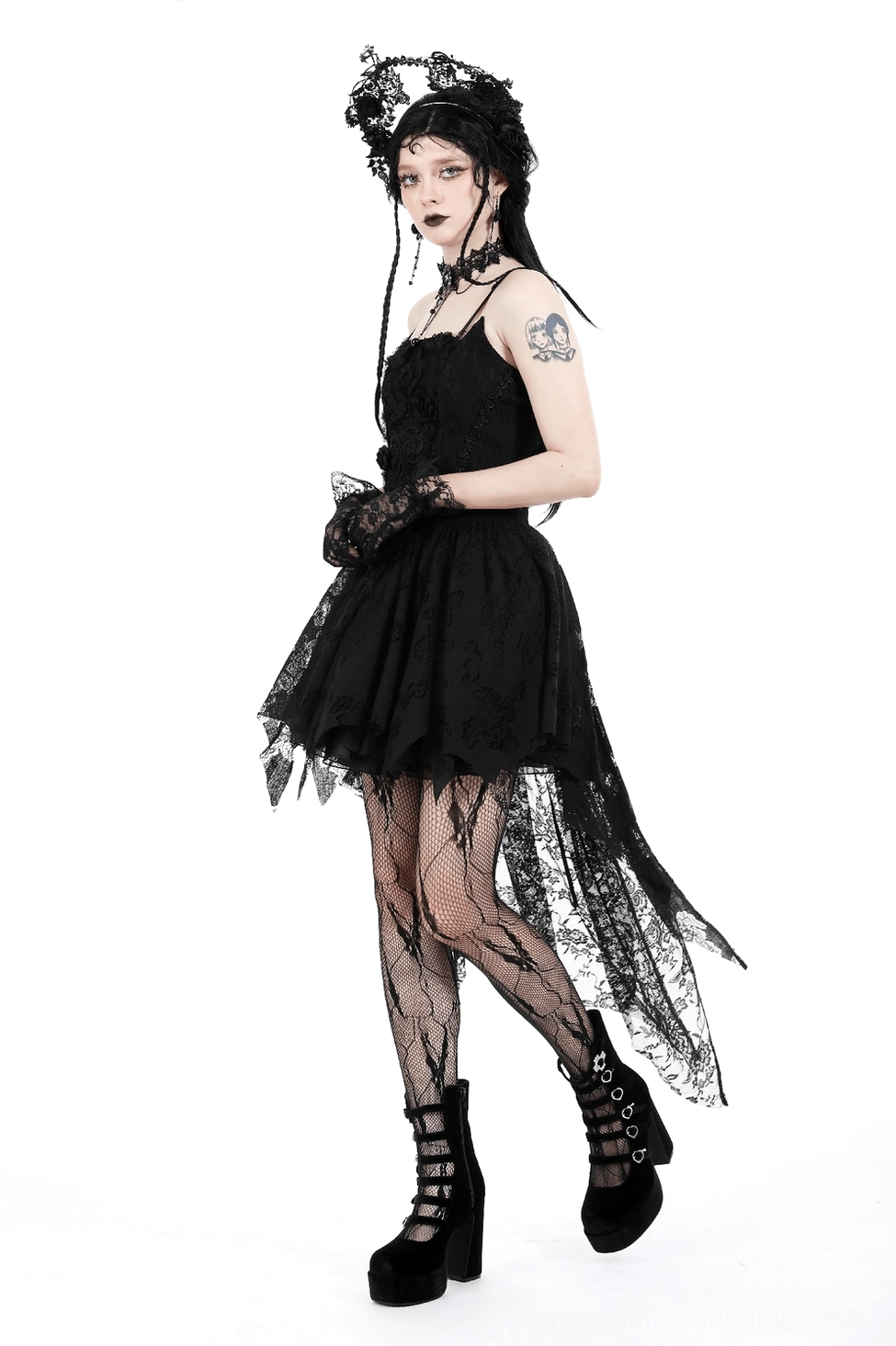 Black gothic lace high-low dress with corset bodice and elegant sheer lace overlay