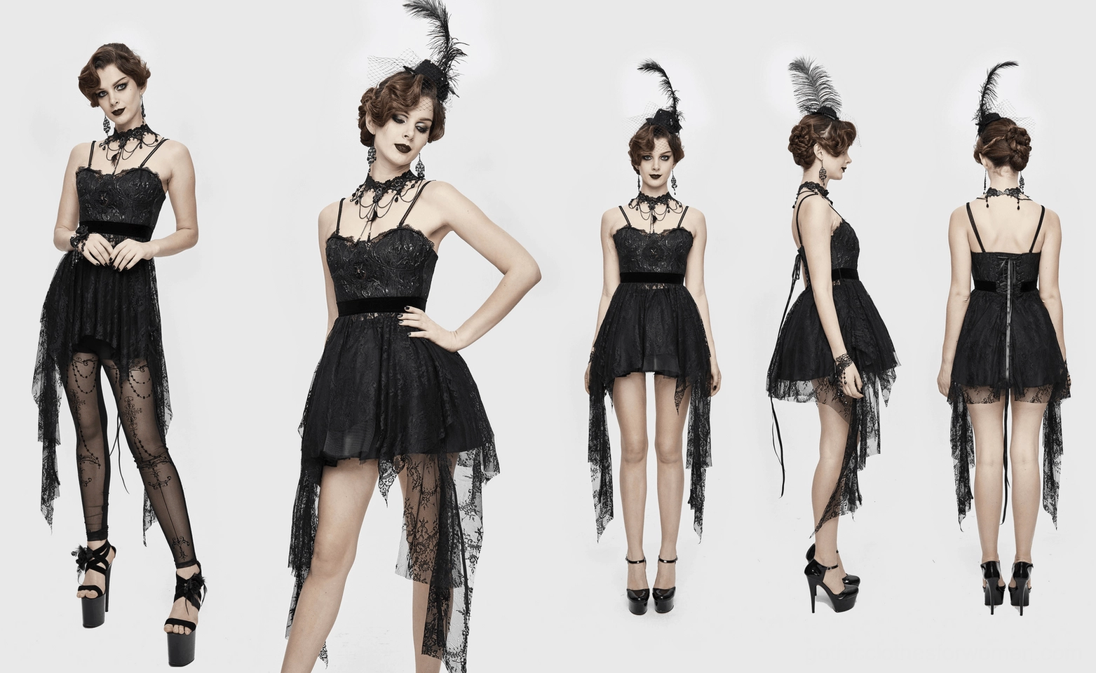 Black gothic lace dress detail view emphasizing sheer lace construction, asymmetric hemline artistry, and design refinement