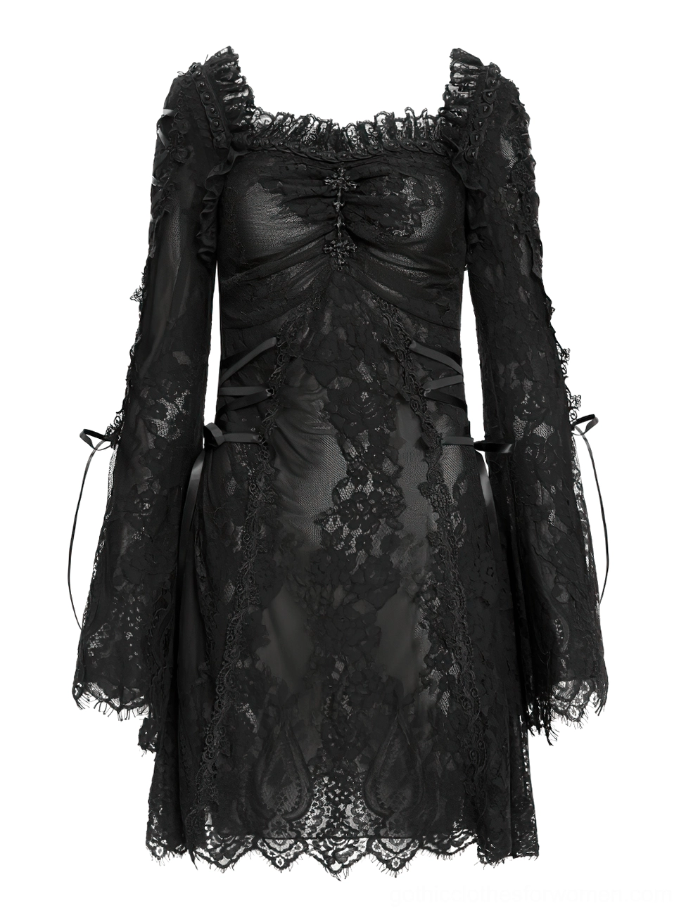 Black gothic lace mini dress flat lay featuring intricate lace embroidery and side ribbon accents