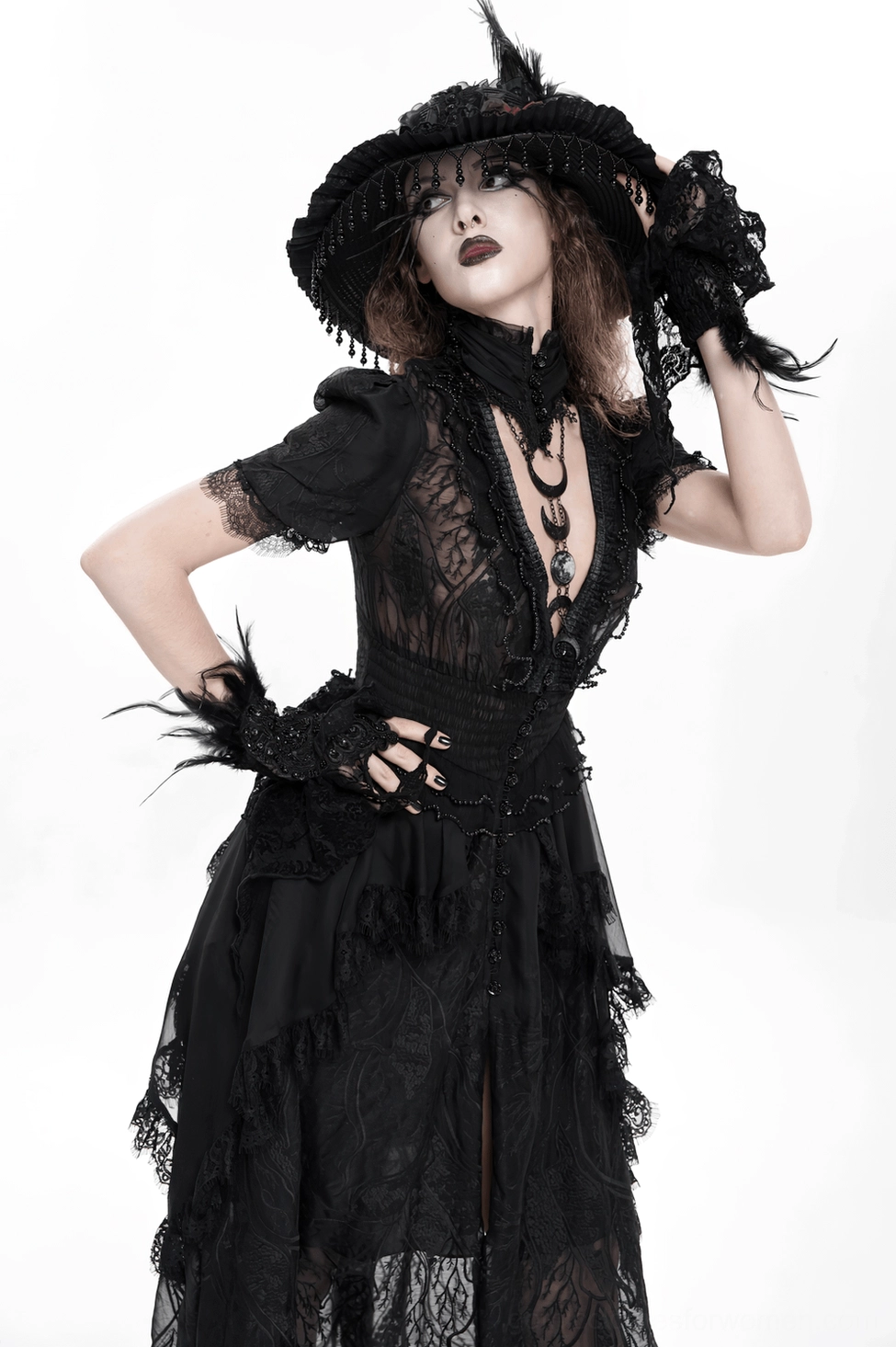 Black gothic lace maxi dress full ensemble view with styling suggestions for gothic evening wear