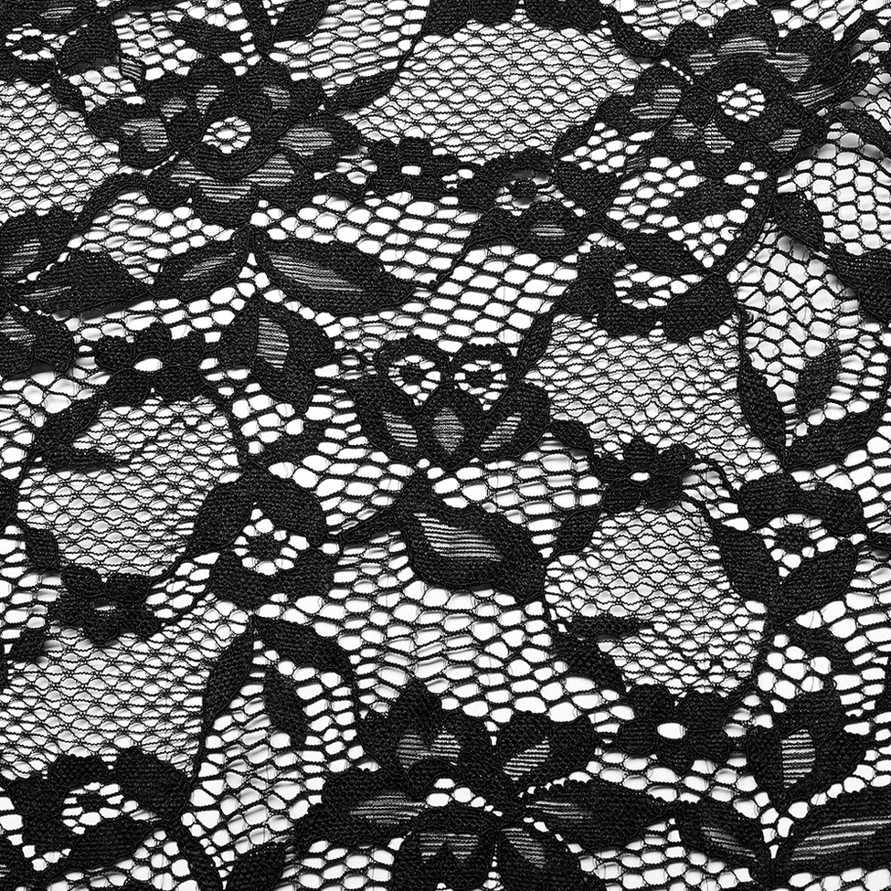 Black Victorian gothic lace maxi dress texture and fabric detail, showcasing elastic lace mesh and chiffon combination