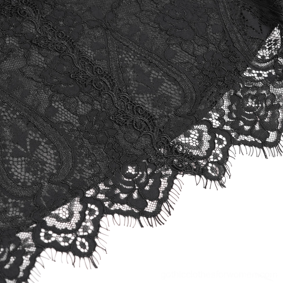 Gothic black lace mini dress showcasing fitted bodice and flared skirt silhouette from front
