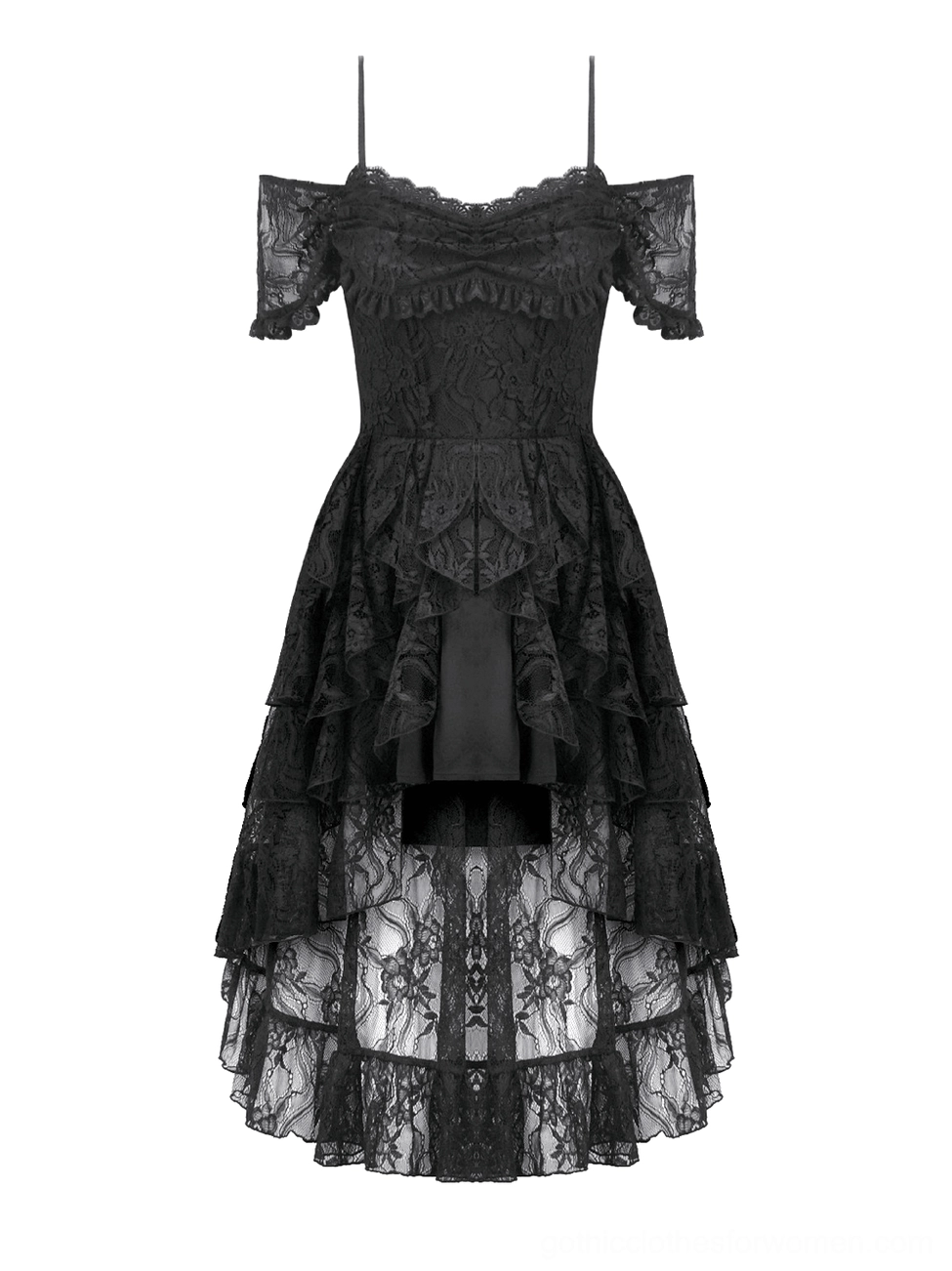 Black gothic lace high-low party dress flat lay back view, displaying layered lace construction and floor-length sheer underlayer