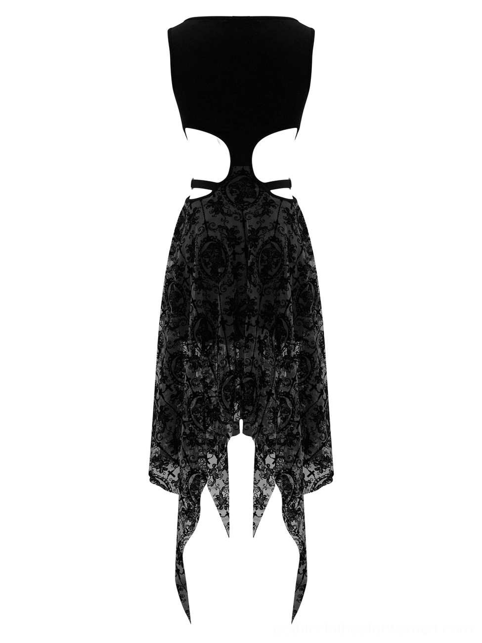Black gothic midi dress flat lay showing high neck backless top and floral lace asymmetric skirt