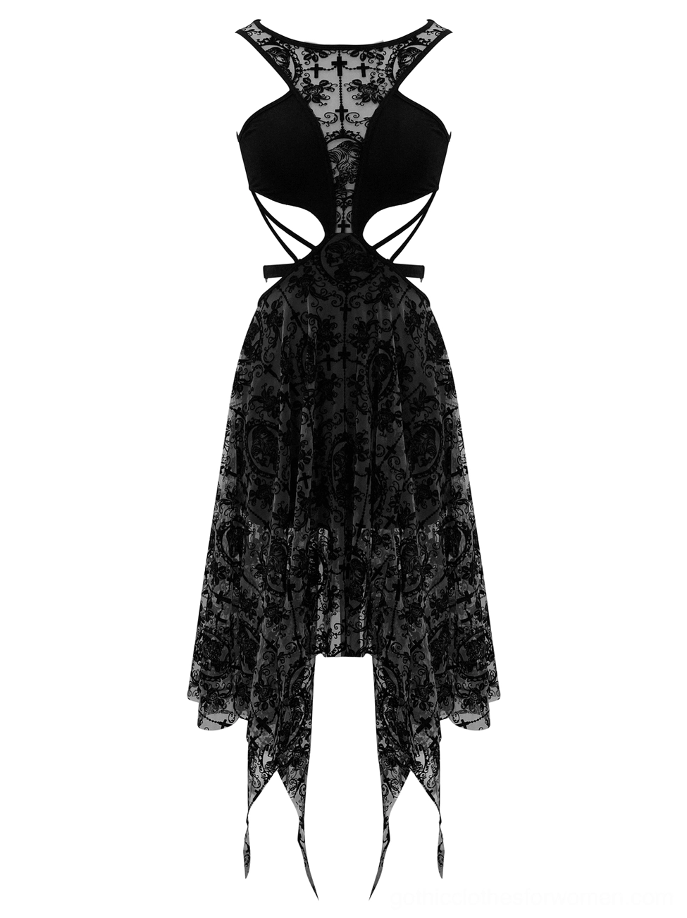 Black gothic irregular lace dress flat lay front view with halter neckline and floral lace skirt