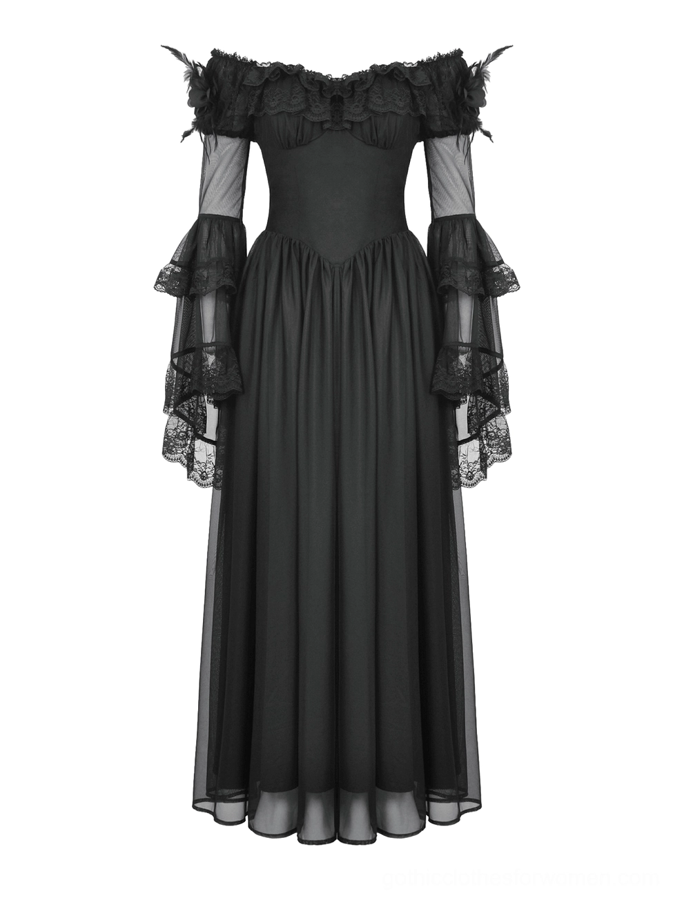 Black lace-up corset gothic maxi dress flat lay showing layered lace sleeves, full floor-length tulle skirt, and construction details