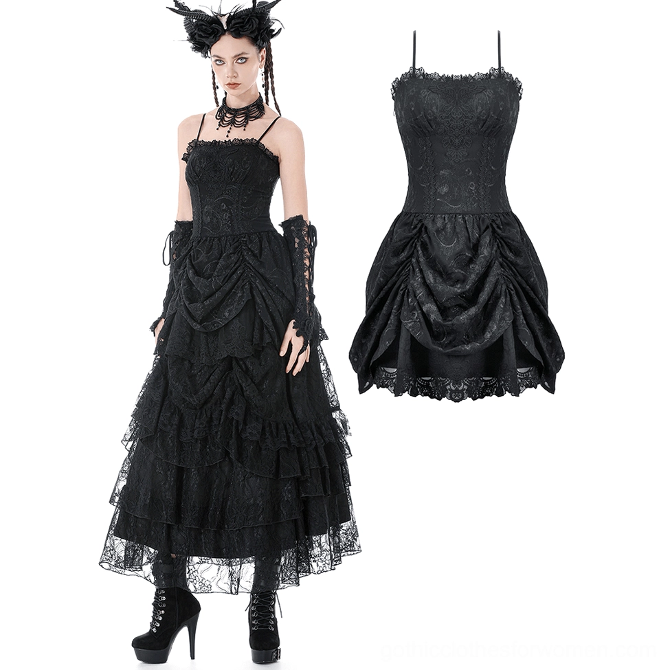 Black gothic lace maxi dress flat lay and front model view, featuring delicate lace overlay and spaghetti straps