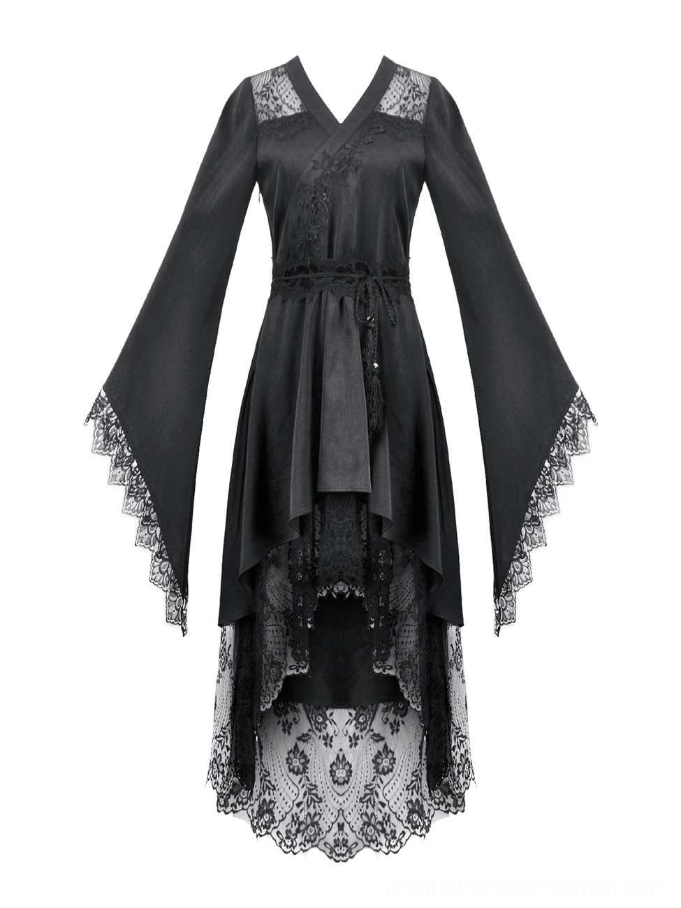 Flat lay display of black gothic lace kimono dress showing V-neckline and waist sash construction