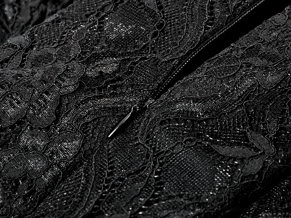 Black gothic lace party dress showing floor-length sheer lace underlayer and intricate floral lace overlay construction