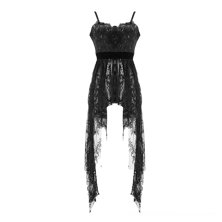 Black gothic lace camisole dress flat lay front view with spaghetti straps, velvet waistband, and irregular asymmetric lace hem detail