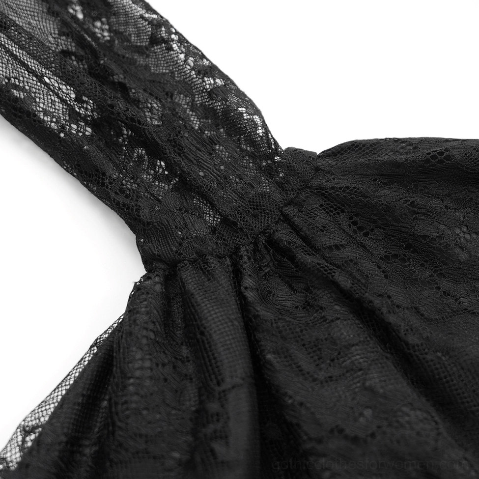 Black gothic lace dress front silhouette with sheer lace bodice and structured slim-fitting design
