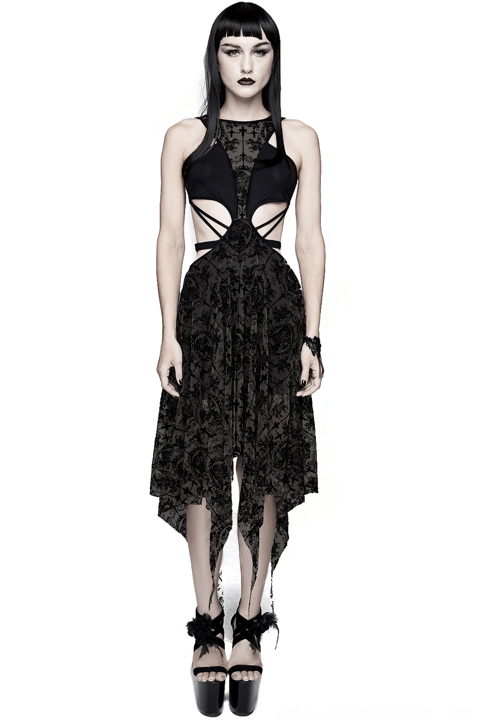 Black gothic lace irregular midi dress front view with asymmetric hemline and metal heart straps on female model