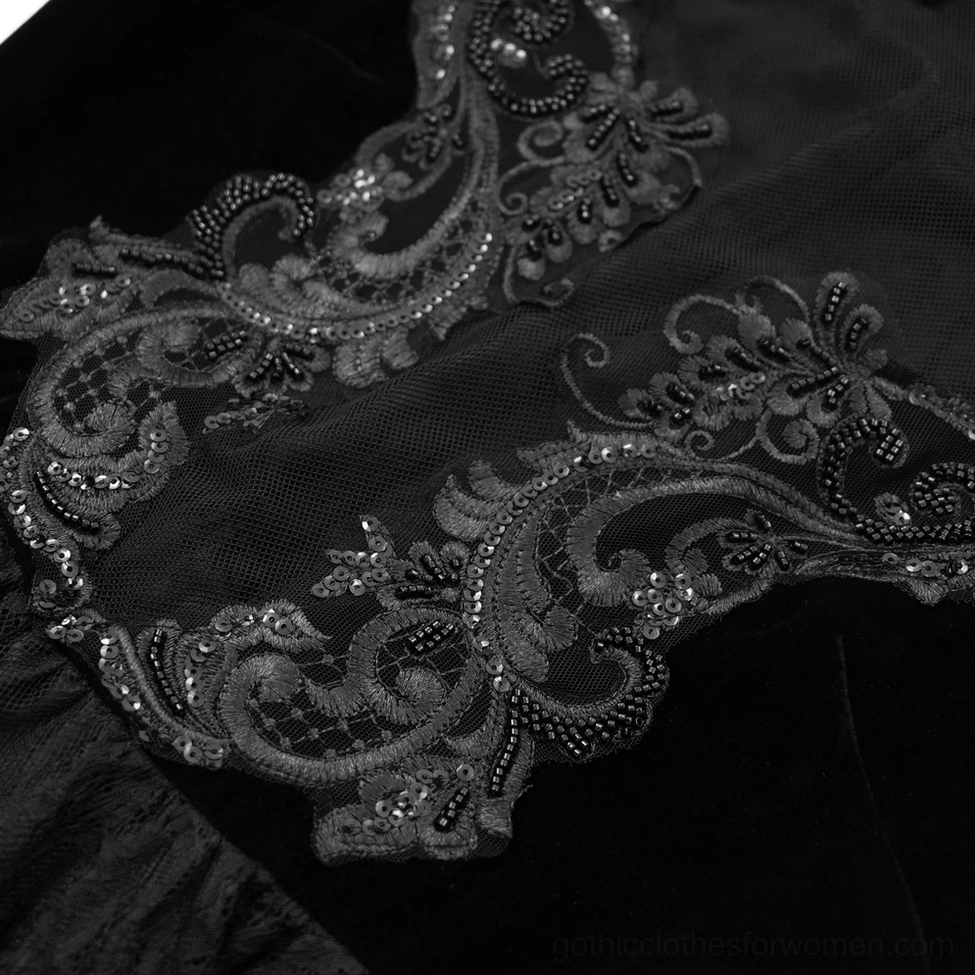 Black gothic lace dress full-length front view showcasing bell sleeves and asymmetrical handkerchief hemline