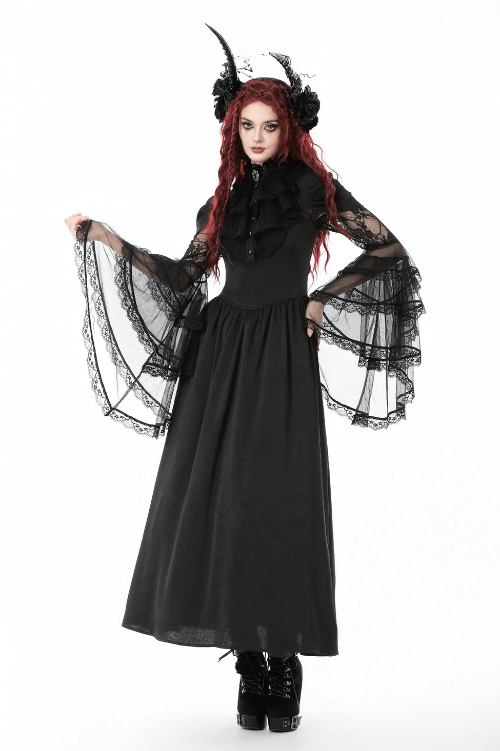 Full-length shot of black gothic lace dress with bell-sleeves and high ruffled neckline on model, emphasizing elegant gothic silhouette