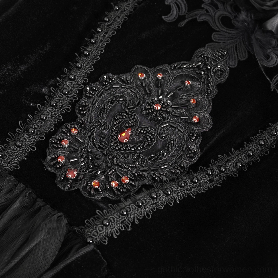 Black gothic lace dress full length view highlighting floor-length silhouette and dramatic feather accent sleeves