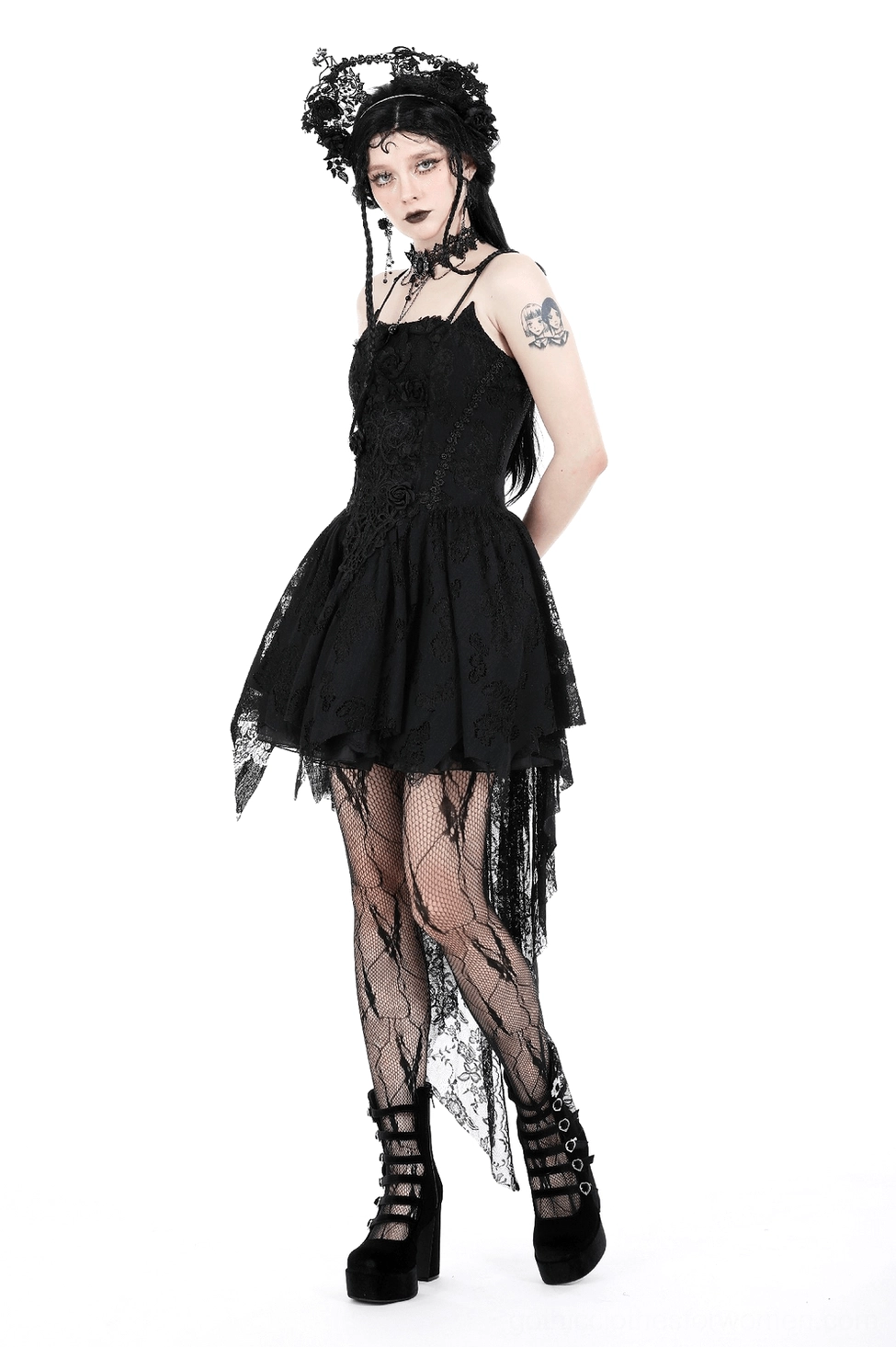Black lace gothic dress full-length view emphasizing the high-low cut and delicate lace construction