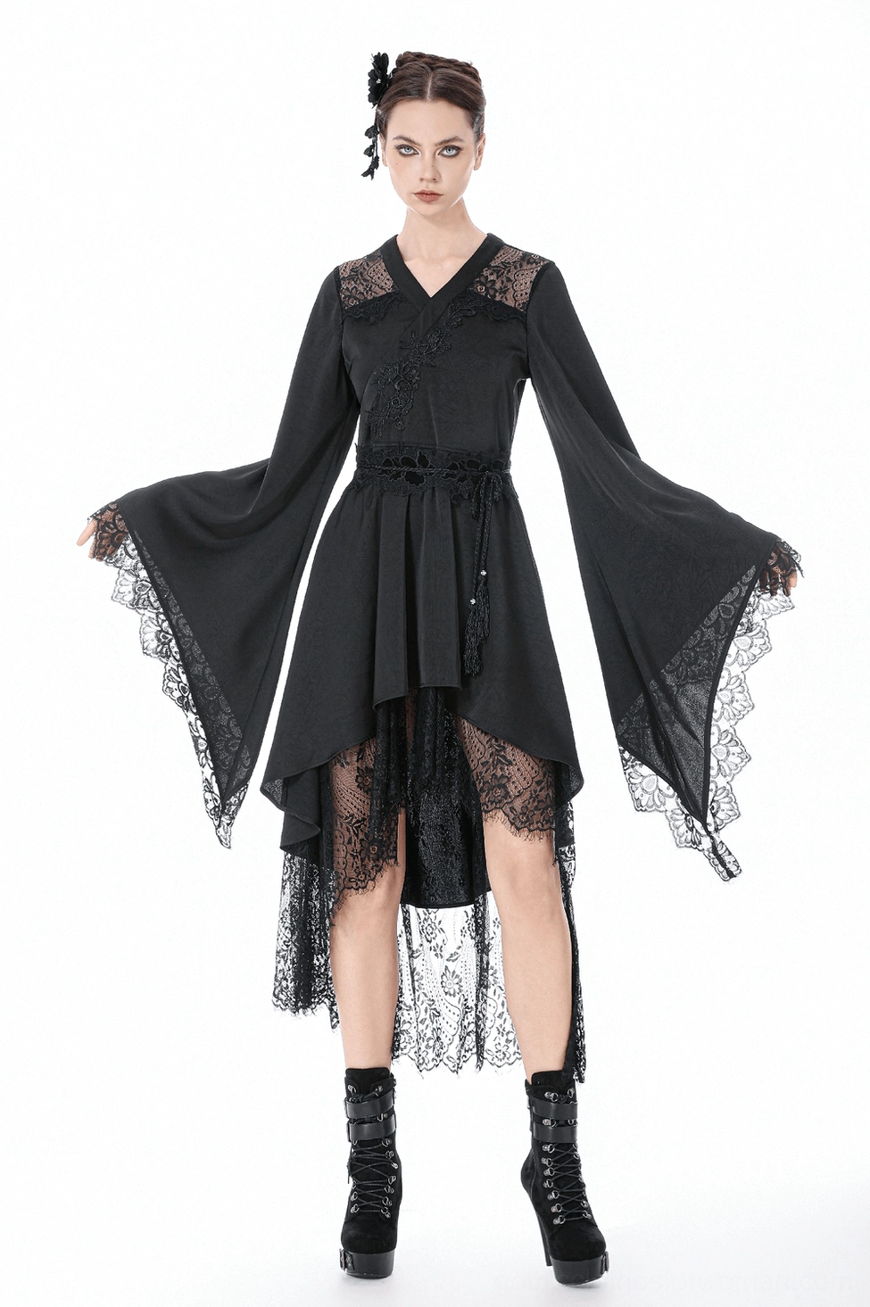 Full view black gothic lace kimono midi dress showing asymmetrical high-low skirt design