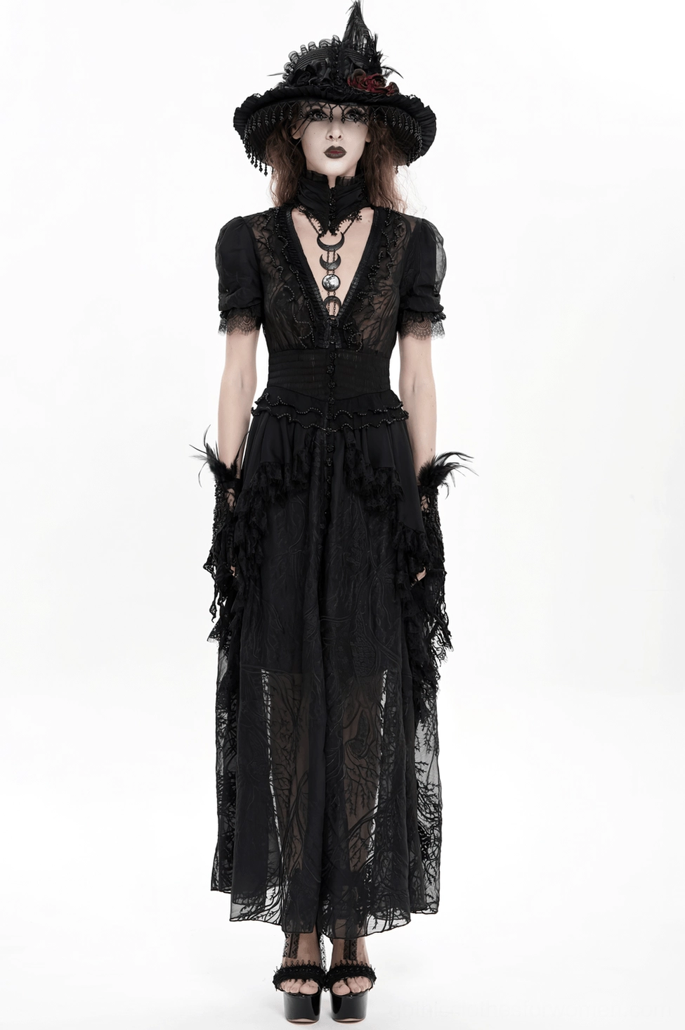Black gothic lace dress detail of high-low hem showing shorter front length and dramatic back trail