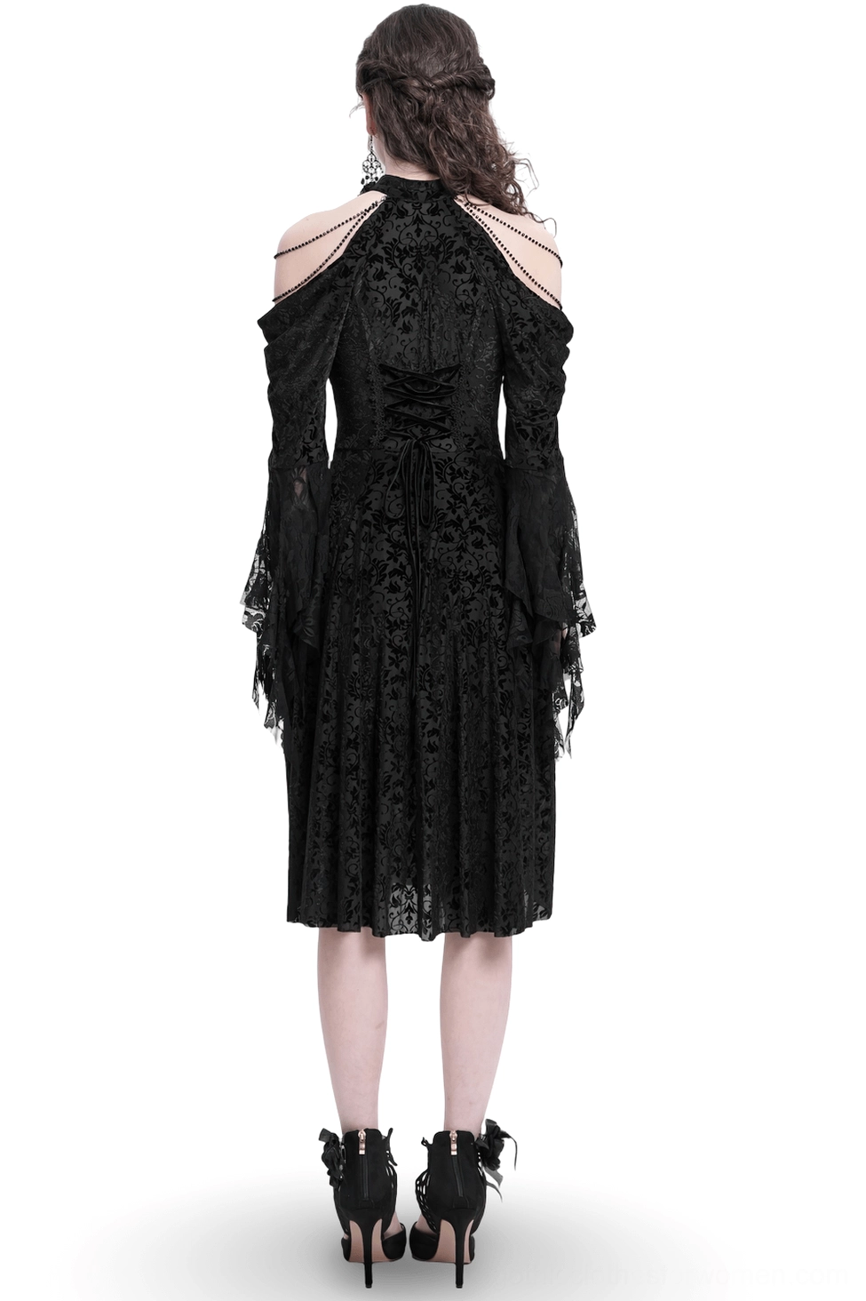 Black gothic lace midi dress featuring lace-up back closure and cold-shoulder cut, back view