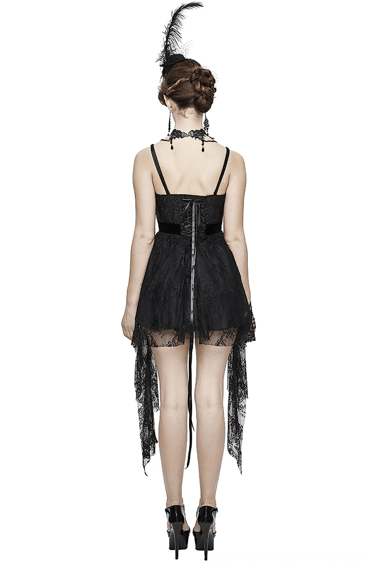 Black gothic lace dress with lace-up back closure and exposed zipper design, back full-length view on model showing sheer asymmetric tail hem