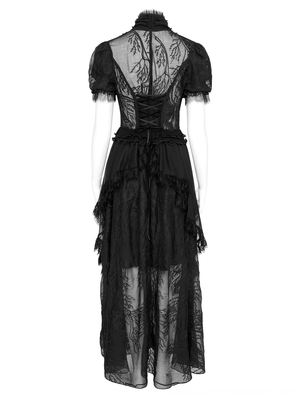 Black gothic lace mesh dress back detail highlighting lace-up corset closure, branch lace embroidery, and sheer lower panel
