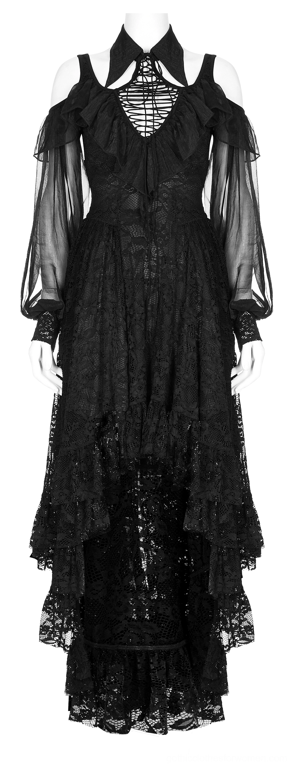 Black gothic lace maxi dress front view on mannequin, displaying layered lace skirt and cold-shoulder sheer sleeves