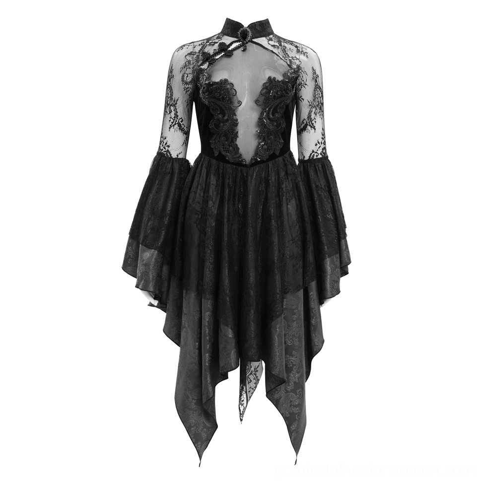 Black gothic lace dress display with mandarin collar, sheer lace overlay, and architectural bell sleeves on mannequin