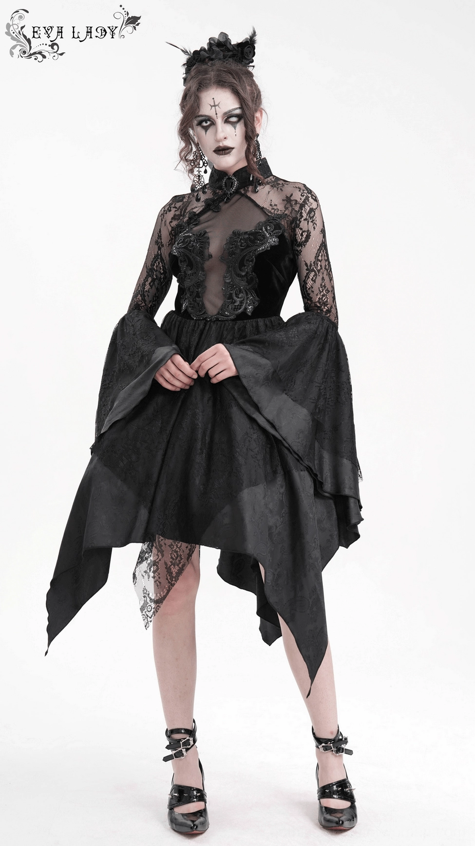 Black gothic lace dress angled view of mandarin collar with frog fastener and lace yoke detail