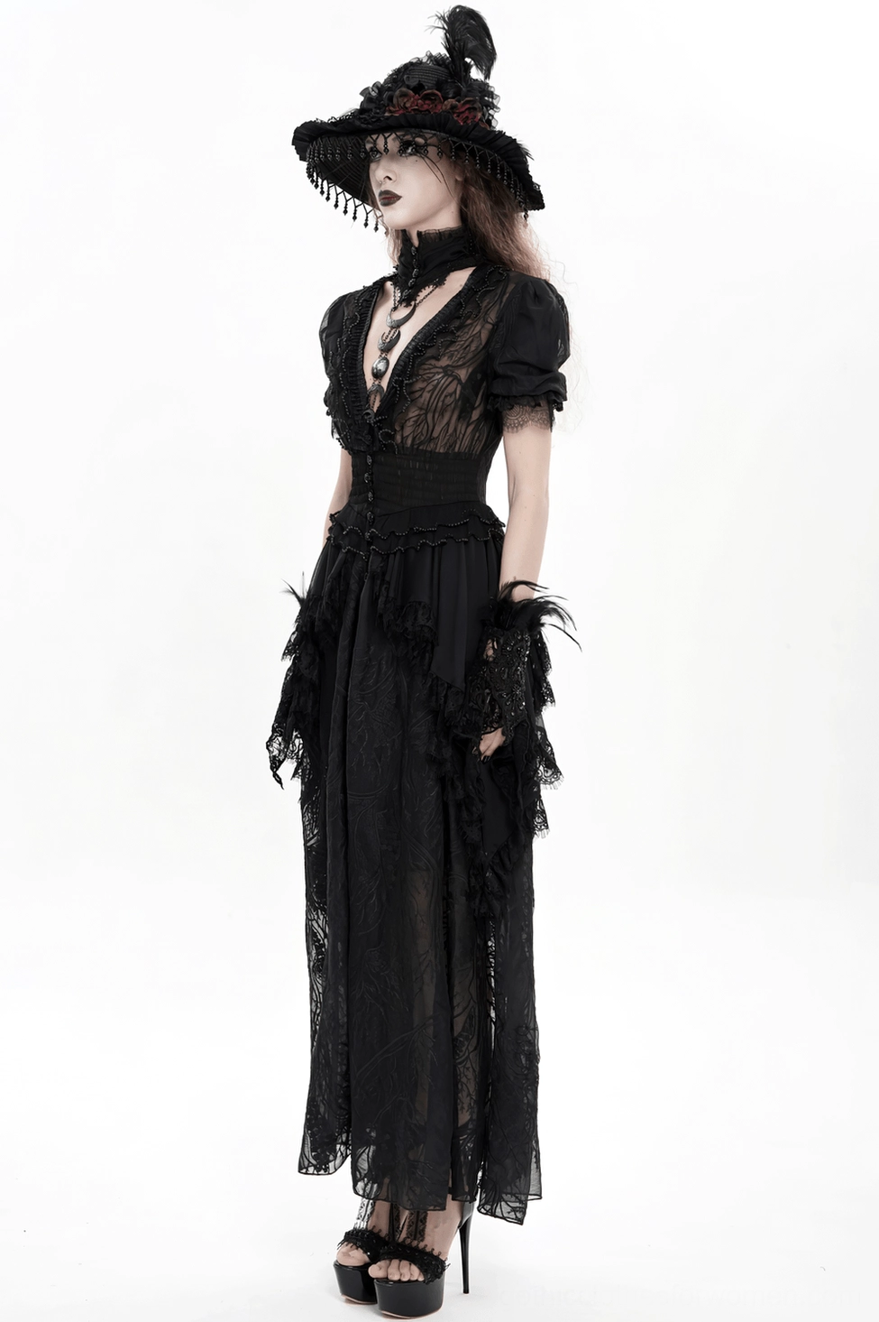 Black gothic lace maxi dress three-quarter rear view displaying lace-up back, ruffled hem, and overall proportions