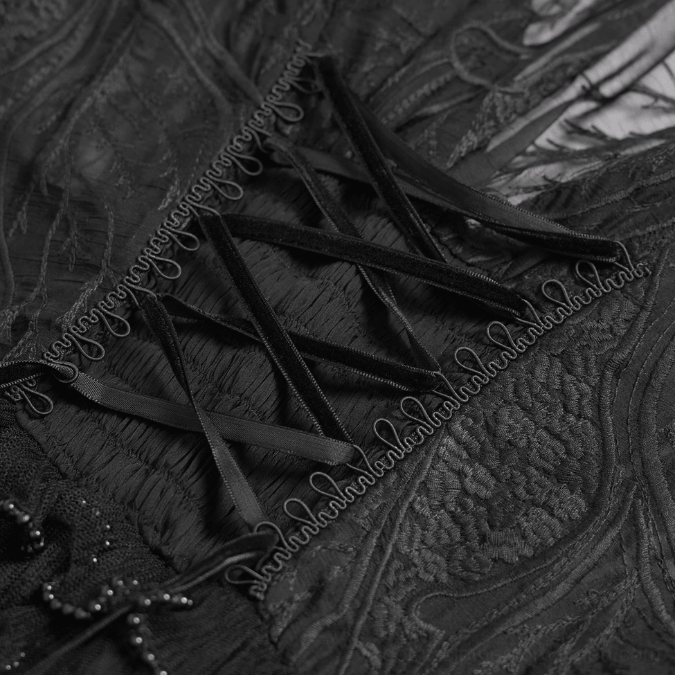 Black gothic lace dress showcasing ruffled hem detail, asymmetrical design, and sheer mesh layering technique