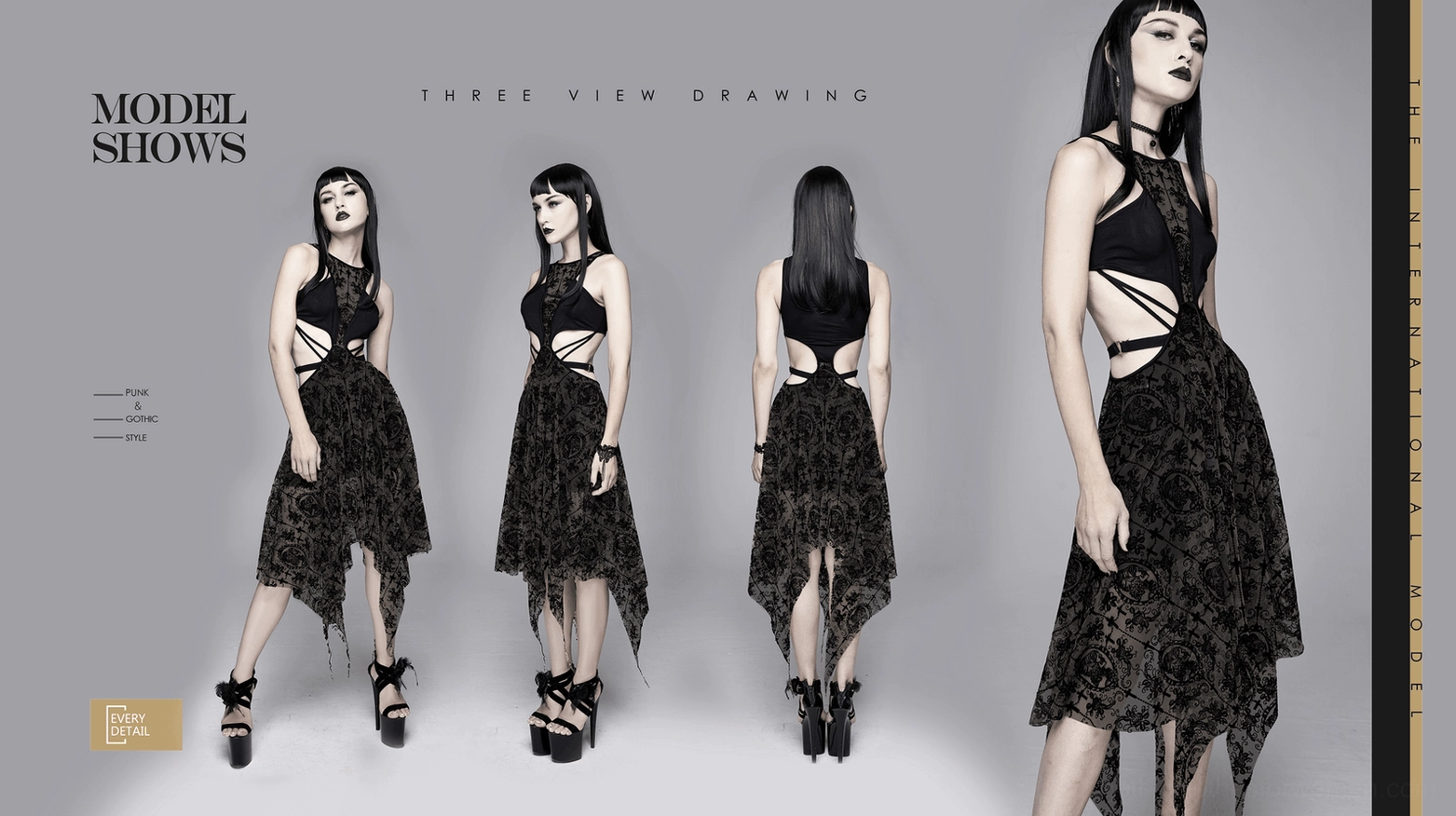 Black gothic lace irregular dress showcase featuring asymmetric design and romantic vintage details