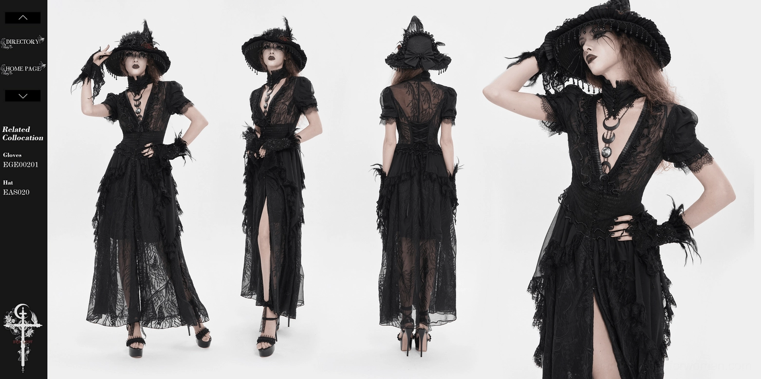 Black gothic lace mesh maxi dress final showcase view of complete design, craftsmanship, and gothic aesthetic