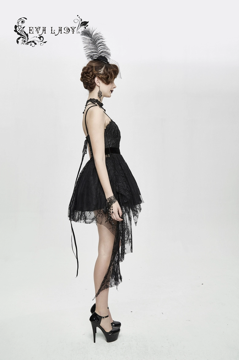 Black gothic lace dress side angle view showcasing silhouette, asymmetric hem variation, and lace detail complexity