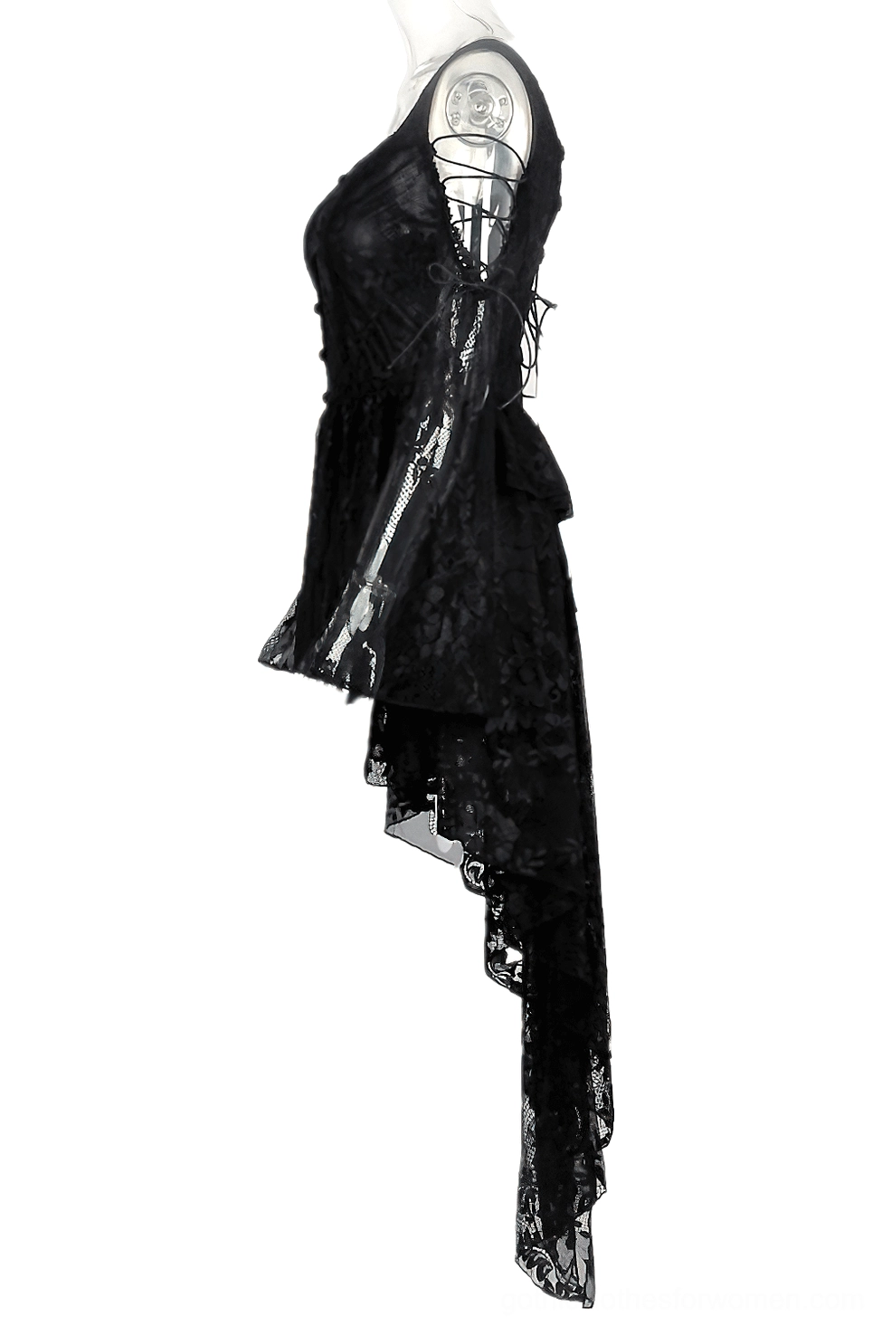 Black gothic dress flat lay side view displaying sheer lace panels and asymmetrical high-low skirt