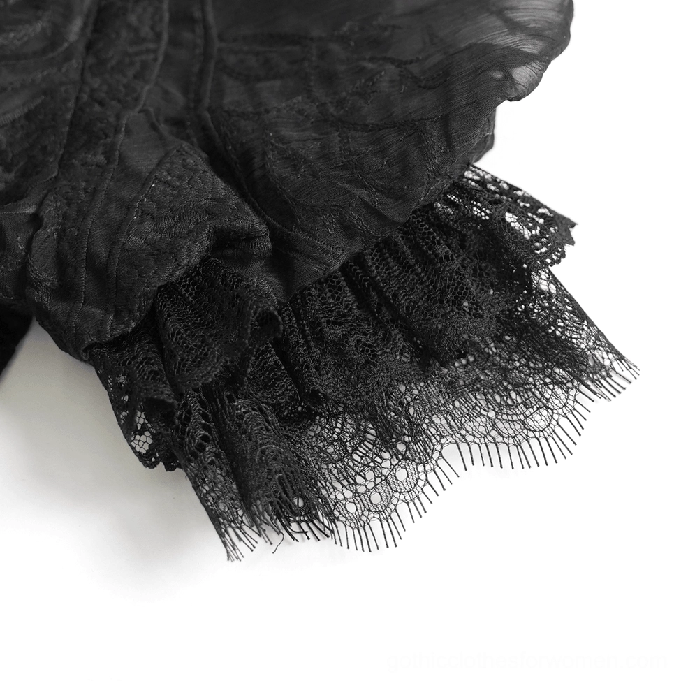 Black gothic lace dress side profile highlighting fitted bodice, sleeve length, and high-low hem asymmetry