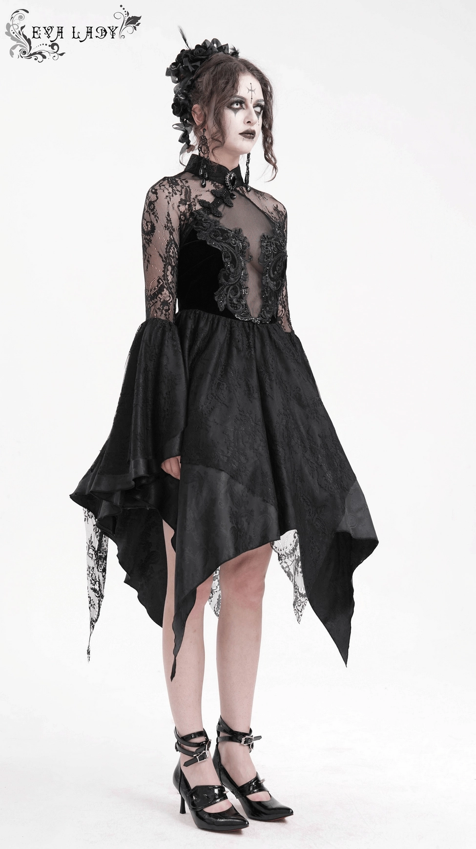 Black gothic lace dress side profile showing corset back structure and elegant flared bell sleeve movement