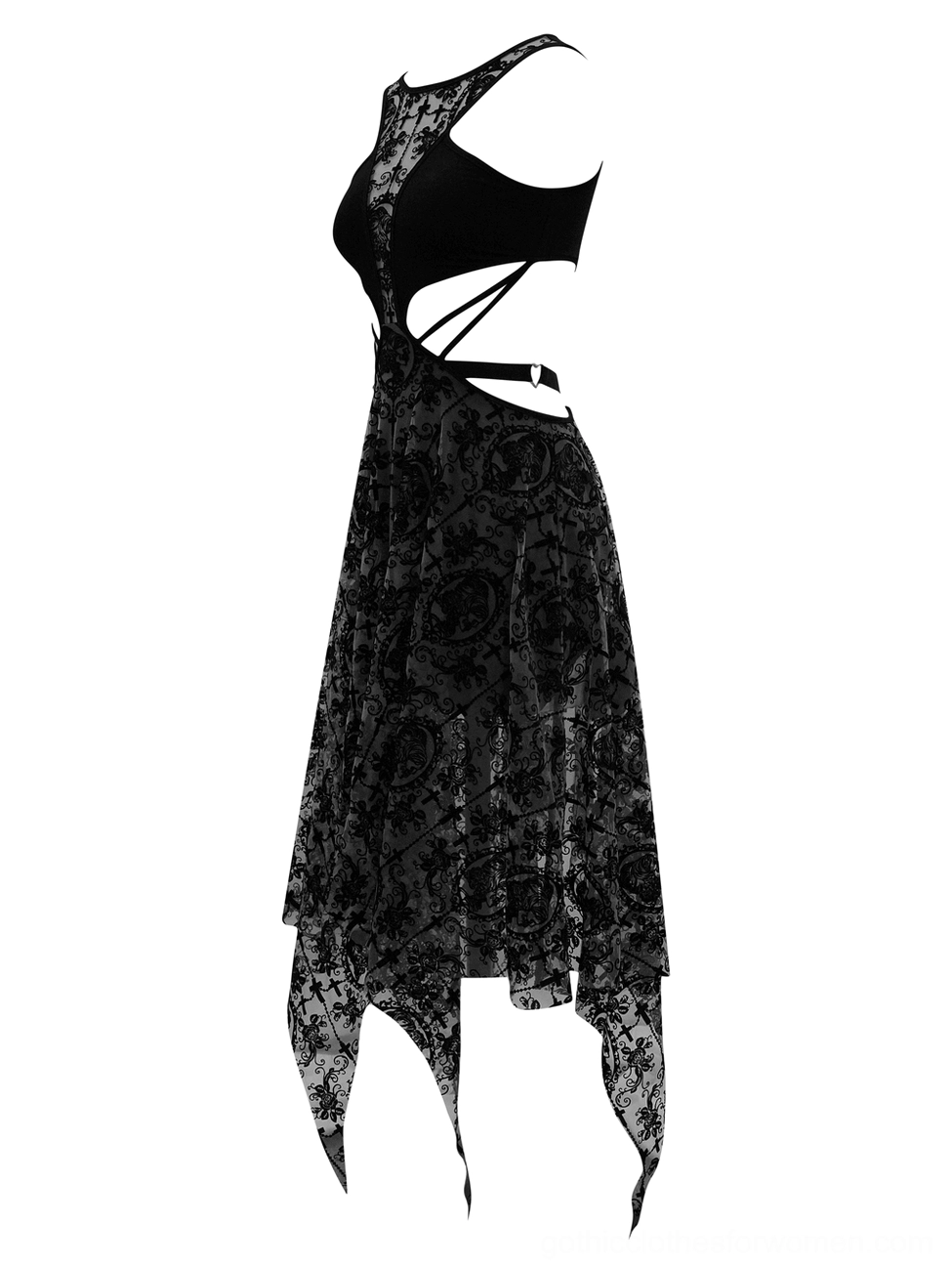 Black gothic dress side profile showing asymmetric shoulder strap and floral lace handkerchief hem