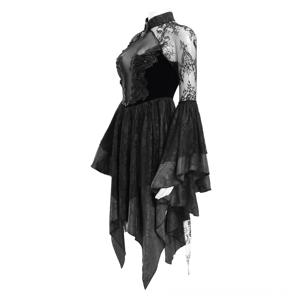 Side view of black gothic lace dress showing sheer lace overlay, velvet bust panel, and asymmetrical high-low skirt