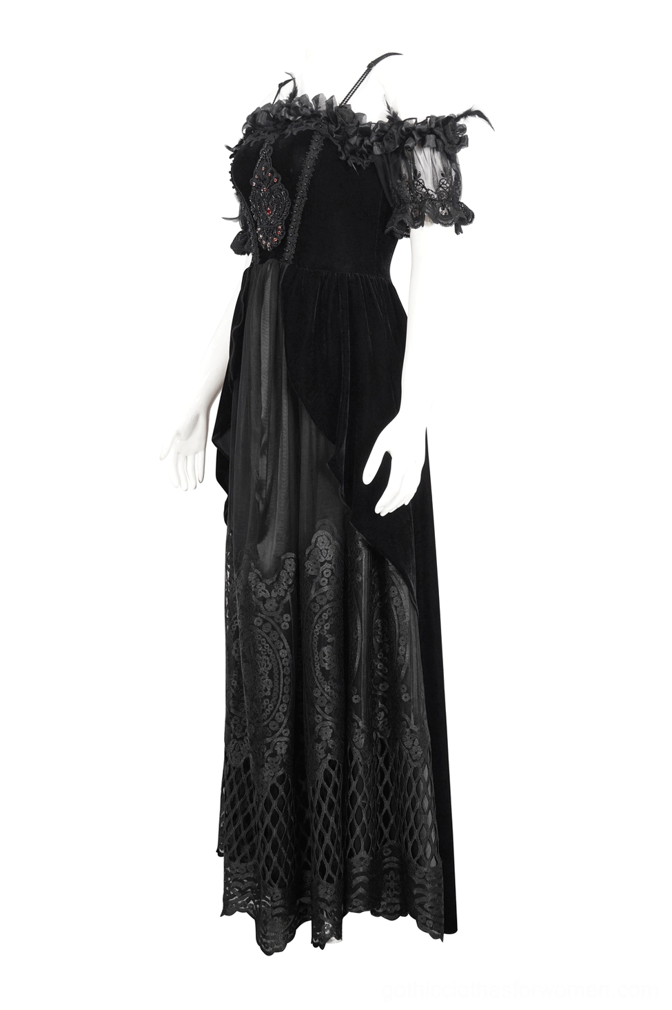 Black gothic off-shoulder lace dress on mannequin - side three-quarter view highlighting velvet bodice and embroidered lace skirt