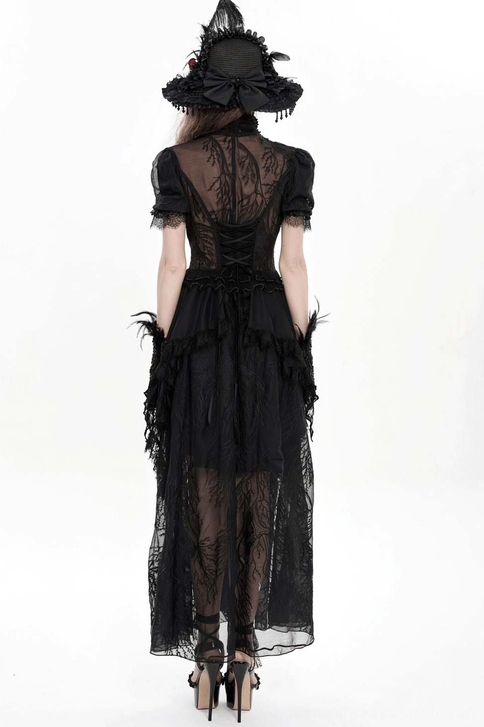 Black gothic lace dress alternative angle showing waist structure, sleeve proportion, and overall silhouette balance