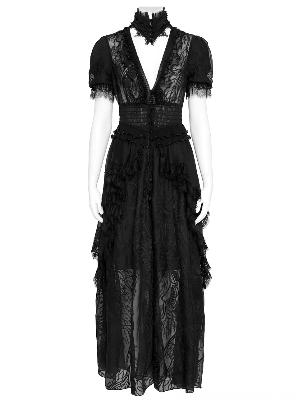 Black gothic lace mesh maxi dress on mannequin displaying tiered ruffled skirt, structured waist, and sheer layered construction